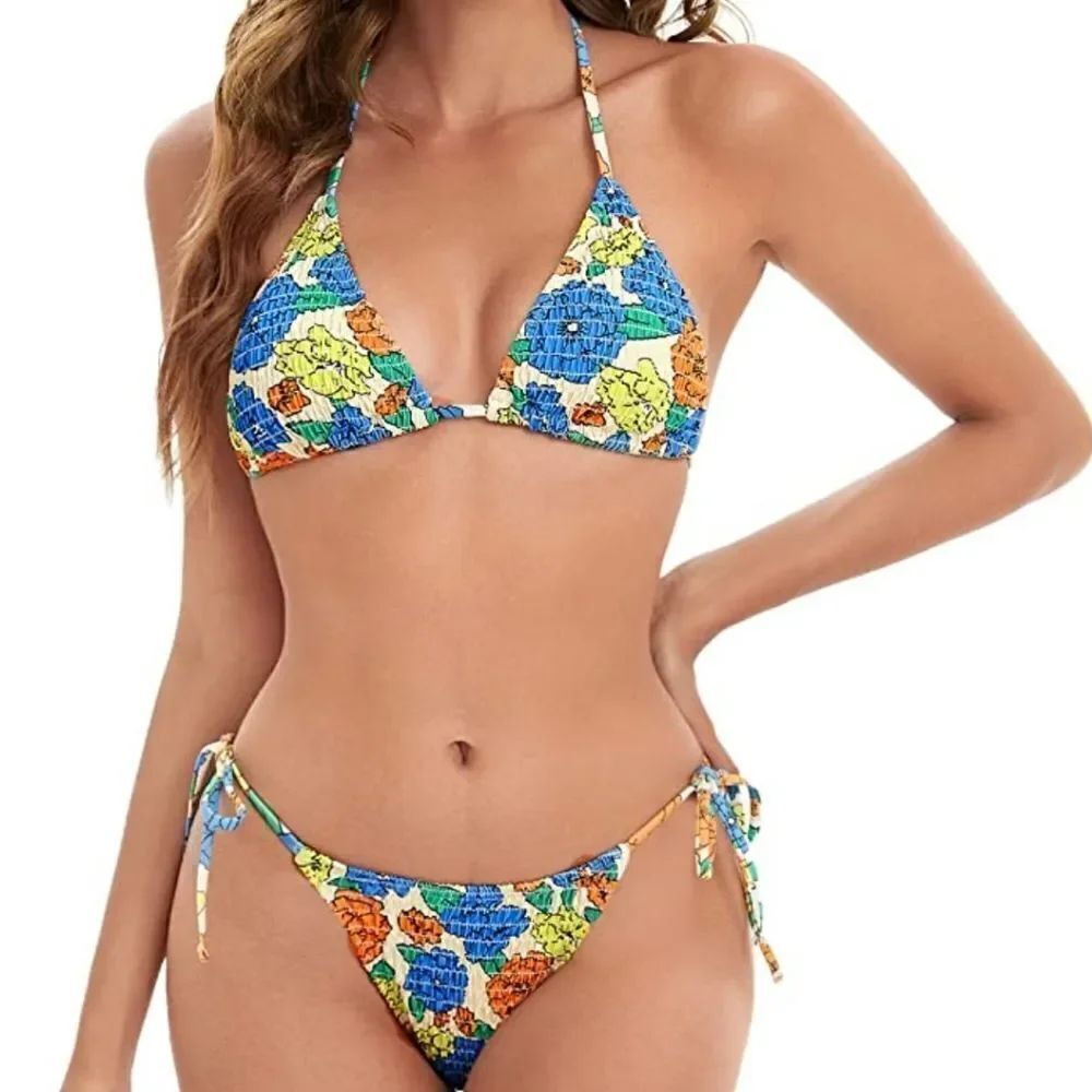 Triangle Bikini Smocked 2 Piece Floral Swimsuit Tie Halter Bathing String Print